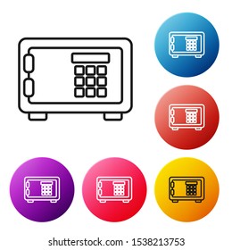 Black line Safe icon isolated on white background. The door safe a bank vault with a combination lock. Reliable Data Protection. Set icons colorful circle buttons. Vector Illustration