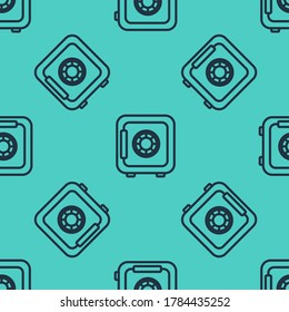Icono de la línea negra Safe aislado patrón sin fisuras en fondo verde. La puerta protege una bóveda de banco con una cerradura combinada. Protección de datos fiable.  Ilustración vectorial