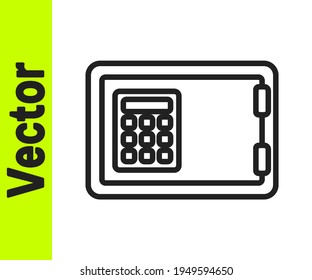 Icono de la línea negra Segura aislado en fondo blanco. La puerta protege una bóveda de banco con una cerradura combinada. Protección de datos fiable.  Vector