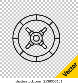 Black line Safe icon isolated on transparent background. The door safe a bank vault with a combination lock. Reliable Data Protection.  Vector Illustration