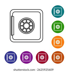 Línea negra Icono seguro aislado sobre fondo blanco. La puerta es una caja fuerte de banco con una cerradura de combinación. Protección de datos fiable. Establezca los íconos en Botones de círculo de color. Vector