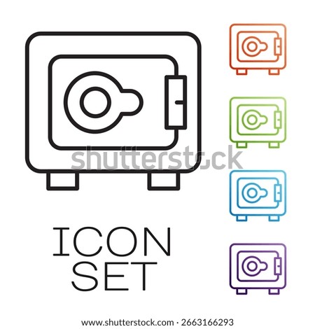 Black line Safe icon isolated on white background. The door safe a bank vault with a combination lock. Reliable Data Protection. Set icons colorful. Vector