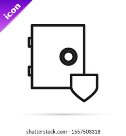 Black line Safe with shield icon isolated on white background. Insurance concept. Security, safety, protection, protect concept.  Vector Illustration