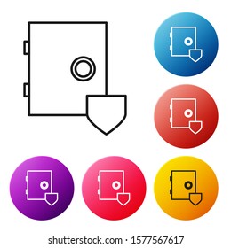 Black line Safe with shield icon isolated on white background. Insurance concept. Security, safety, protection, protect concept. Set icons colorful circle buttons. Vector Illustration