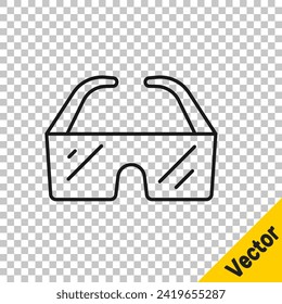 Black line Safety goggle glasses icon isolated on transparent background.  Vector