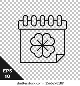 Black line Saint Patricks day with calendar icon isolated on transparent background. Four leaf clover symbol. Date 17 March.  Vector Illustration