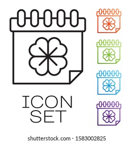 Black line Saint Patricks day with calendar icon isolated on white background. Four leaf clover symbol. Date 17 March. Set icons colorful. Vector Illustration