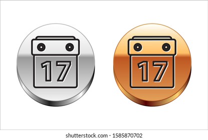 Black line Saint Patrick's day with calendar icon isolated on white background. Date 17 March. Silver-gold circle button. Vector Illustration