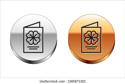 Black line Saint Patricks Day party flyer, brochure, holiday invitation, postcard, corporate celebration icon isolated on white background. Silver-gold circle button. Vector Illustration