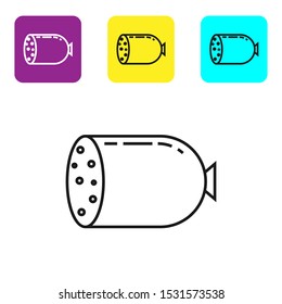 Black line Salami sausage icon isolated on white background. Meat delicatessen product. Set icons colorful square buttons. Vector Illustration