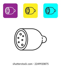 Black line Salami sausage icon isolated on white background. Meat delicatessen product. Set icons colorful square buttons. Vector Illustration