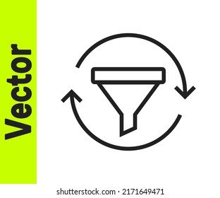 Black line Sales funnel with chart for marketing and startup business icon isolated on white background. Infographic template.  Vector