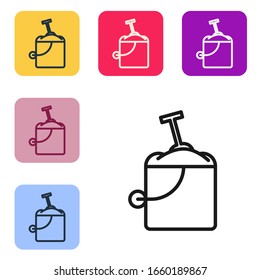 Black line Sand in bucket with shovel icon isolated on white background. Plastic kid toy. Summer icon. Set icons in color square buttons. Vector Illustration