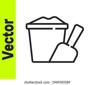 Black Line Sand In Bucket With Shovel Icon Isolated On White Background. Plastic Kid Toy. Summer Icon.  Vector