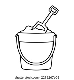 Black Line Sand bucket with shovel. Kid toys for building sand castle in beach vacation. Summer doodle icon vector illustration isolated on white background