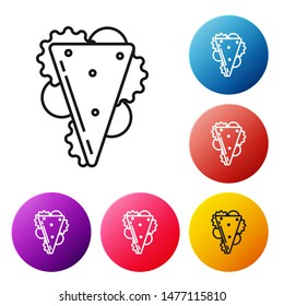Black line Sandwich icon isolated on white background. Hamburger icon. Burger food symbol. Cheeseburger sign. Street fast food menu. Set icons colorful circle buttons. Vector Illustration