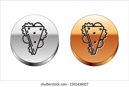 Black line Sandwich icon isolated on white background. Hamburger icon. Burger food symbol. Cheeseburger sign. Street fast food menu. Silver-gold circle button. Vector Illustration