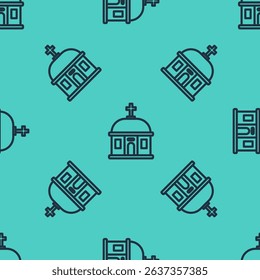Black line Santorini building icon isolated seamless pattern on green background. Traditional Greek white houses with blue roofs European culture.  Vector