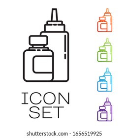 Black line Sauce bottle icon isolated on white background. Ketchup, mustard and mayonnaise bottles with sauce for fast food. Set icons colorful. Vector Illustration