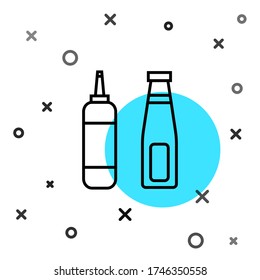 Black line Sauce bottle icon isolated on white background. Ketchup, mustard and mayonnaise bottles with sauce for fast food. Random dynamic shapes. Vector Illustration