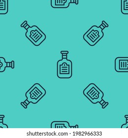 Black line Sauce bottle icon isolated seamless pattern on green background. Ketchup, mustard and mayonnaise bottles with sauce for fast food.  Vector
