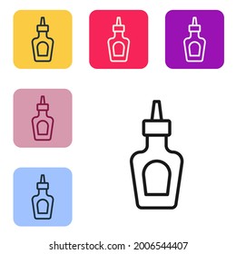 Black line Sauce bottle icon isolated on white background. Ketchup, mustard and mayonnaise bottles with sauce for fast food. Set icons in color square buttons. Vector