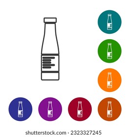 Black line Sauce bottle icon isolated on white background. Ketchup, mustard and mayonnaise bottles with sauce for fast food. Set icons in color circle buttons. Vector