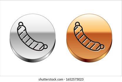 Black line Sausage icon isolated on white background. Grilled sausage and aroma sign. Silver-gold circle button. Vector Illustration