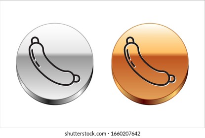 Black line Sausage icon isolated on white background. Grilled sausage and aroma sign. Silver-gold circle button. Vector Illustration