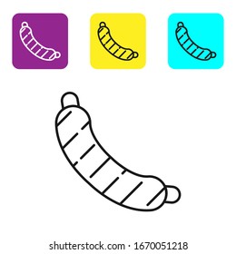 Black line Sausage icon isolated on white background. Grilled sausage and aroma sign. Set icons colorful square buttons. Vector Illustration