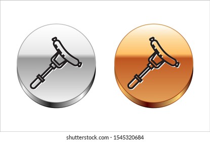 Black line Sausage on the fork icon isolated on white background. Grilled sausage and aroma sign. Silver-gold circle button. Vector Illustration