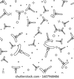 Black line Sausage on the fork icon isolated seamless pattern on white background. Grilled sausage and aroma sign.  Vector Illustration