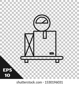 Black line Scale with cardboard box icon isolated on transparent background. Logistic and delivery. Weight of delivery package on a scale.  Vector Illustration
