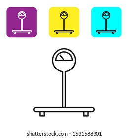 Black line Scale icon isolated on white background. Logistic and delivery. Weight of delivery package on a scale. Set icons colorful square buttons. Vector Illustration
