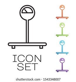Black line Scale icon isolated on white background. Logistic and delivery. Weight of delivery package on a scale. Set icons colorful. Vector Illustration
