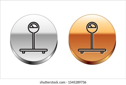 Black line Scale icon isolated on white background. Logistic and delivery. Weight of delivery package on a scale. Silver-gold circle button. Vector Illustration