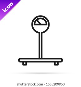 Black line Scale icon isolated on white background. Logistic and delivery. Weight of delivery package on a scale.  Vector Illustration