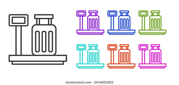 Black line Scale with suitcase icon isolated on white background. Logistic and delivery. Weight of delivery package on a scale. Set icons colorful. Vector
