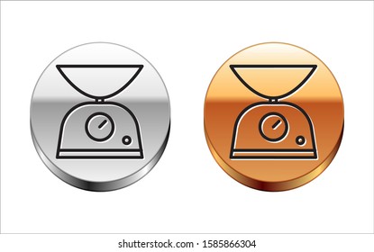 Black line Scales icon isolated on white background. Weight measure equipment. Silver-gold circle button. Vector Illustration