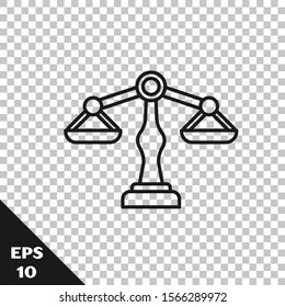 Black line Scales of justice icon isolated on transparent background. Court of law symbol. Balance scale sign.  Vector Illustration