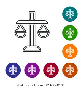 Black line Scales of justice icon isolated on white background. Court of law symbol. Balance scale sign. Set icons in color circle buttons. Vector