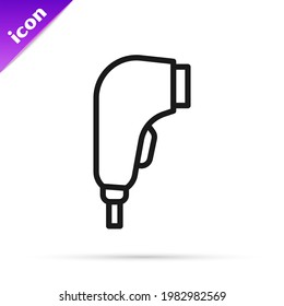 Black line Scanner scanning bar code icon isolated on white background. Barcode label sticker. Identification for delivery with bars.  Vector