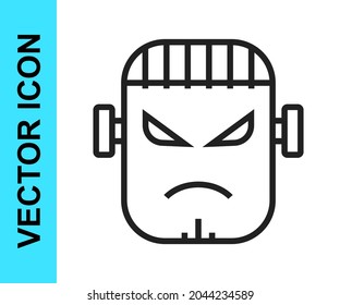 Black line Scary monster - Frankenstein face icon isolated on white background. Happy Halloween party.  Vector