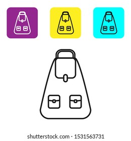 Black line School backpack icon isolated on white background. Set icons colorful square buttons. Vector Illustration