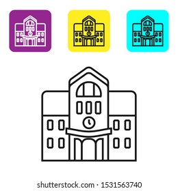 Black line School building icon isolated on white background. Set icons colorful square buttons. Vector Illustration