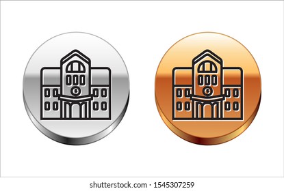 Black line School building icon isolated on white background. Silver-gold circle button. Vector Illustration