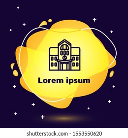 Black line School building icon isolated on dark blue background. Abstract banner with liquid shapes. Vector Illustration