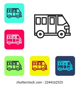 Black line School Bus icon isolated on white background. Public transportation symbol. Set icons in color square buttons. Vector Illustration