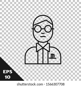 Black line Scientist icon isolated on transparent background.  Vector Illustration
