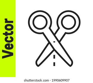 Black line Scissors with cut line icon isolated on white background. Tailor symbol. Cutting tool sign.  Vector